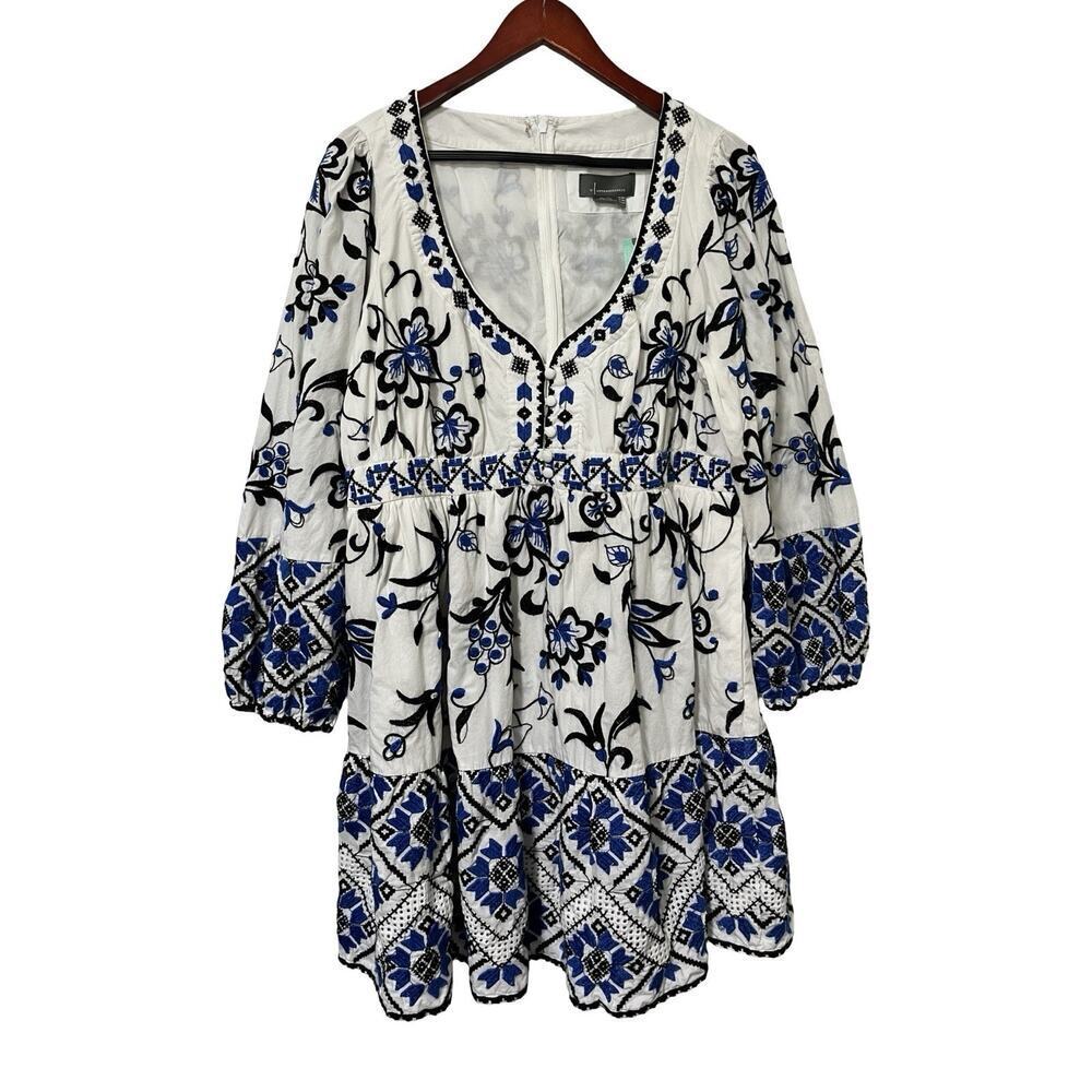 Anthropologie‎ Sweetheart Embroidered Floral Mini Dress Size 16W Blue Cottage